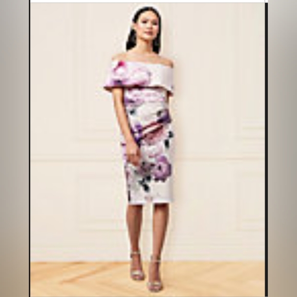 le chateau Dresses & Skirts - Floral Pink Knit Crepe Off-Shoulder Dress By Le Château